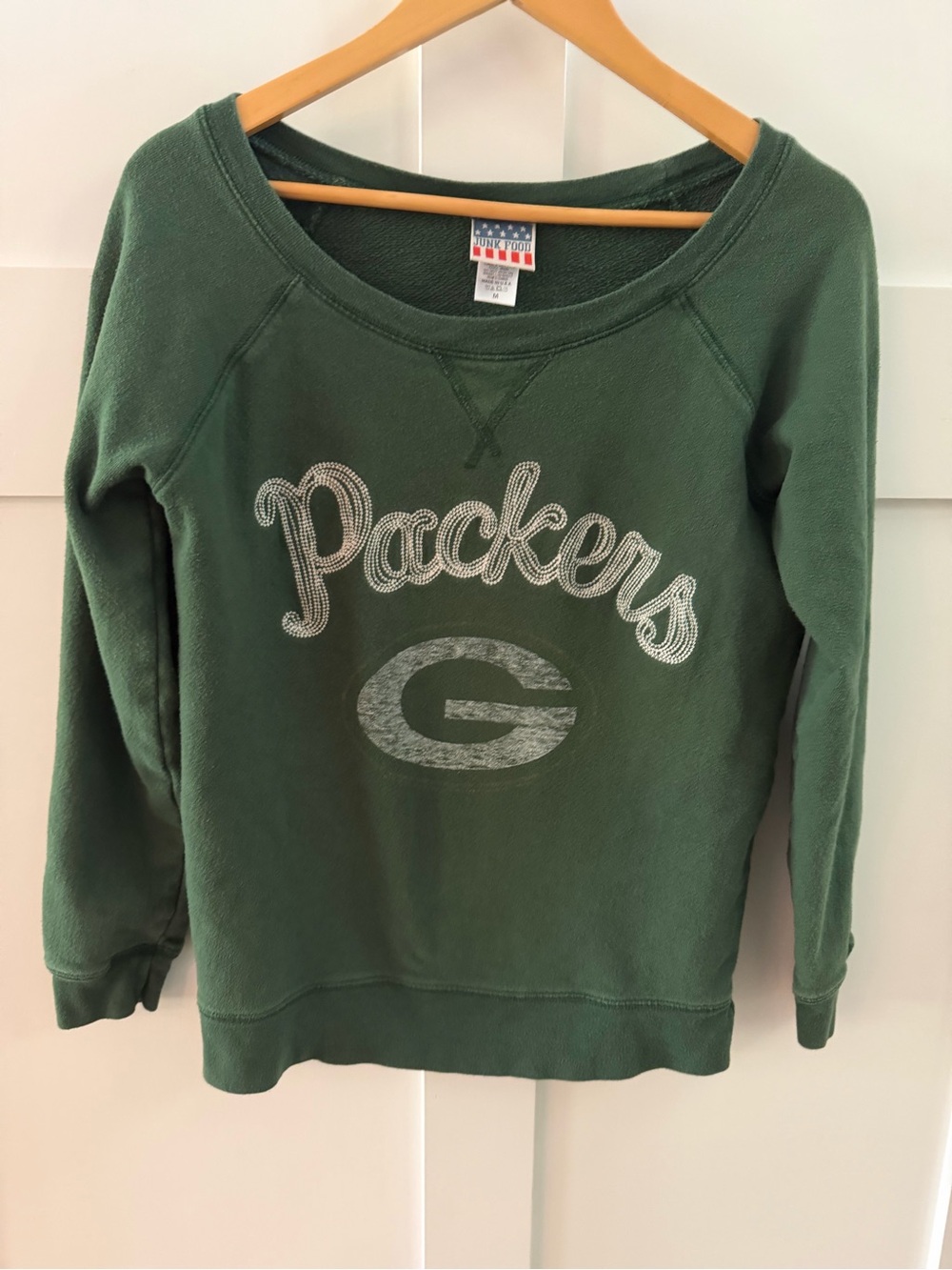 Women’s Junk Food Green Bay Packers Scoop Neck Boyfriend Embellished Sweatshirt
